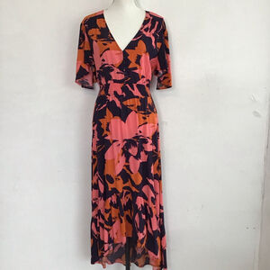 Abel the Label Women Elegant Maxi Dress M Pink Navy Floral V-Neck